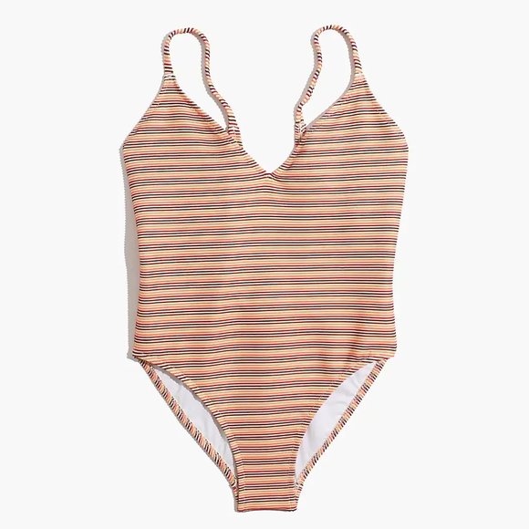Madewell Ribbed Low-V One-Piece Swimsuit in Ombré Stripe - Size Small - Picture 1 of 4